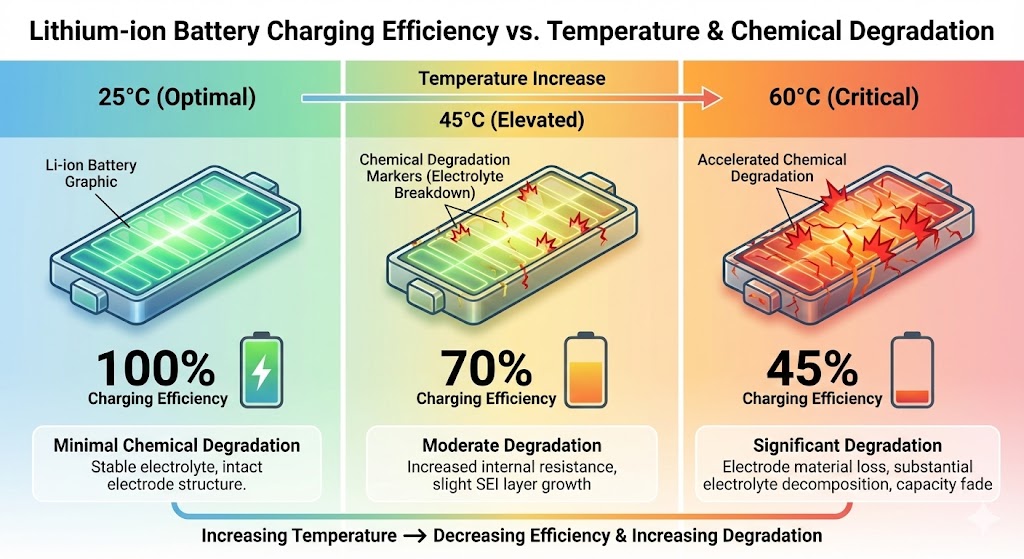 Infographic showing Li-ion battery charging efficiency vs. temperature and degradation. 25&deg;C optimal (100%), 45&deg;C elevated (70%), 60&deg;C critical (45%), with increasing chemical degradation.