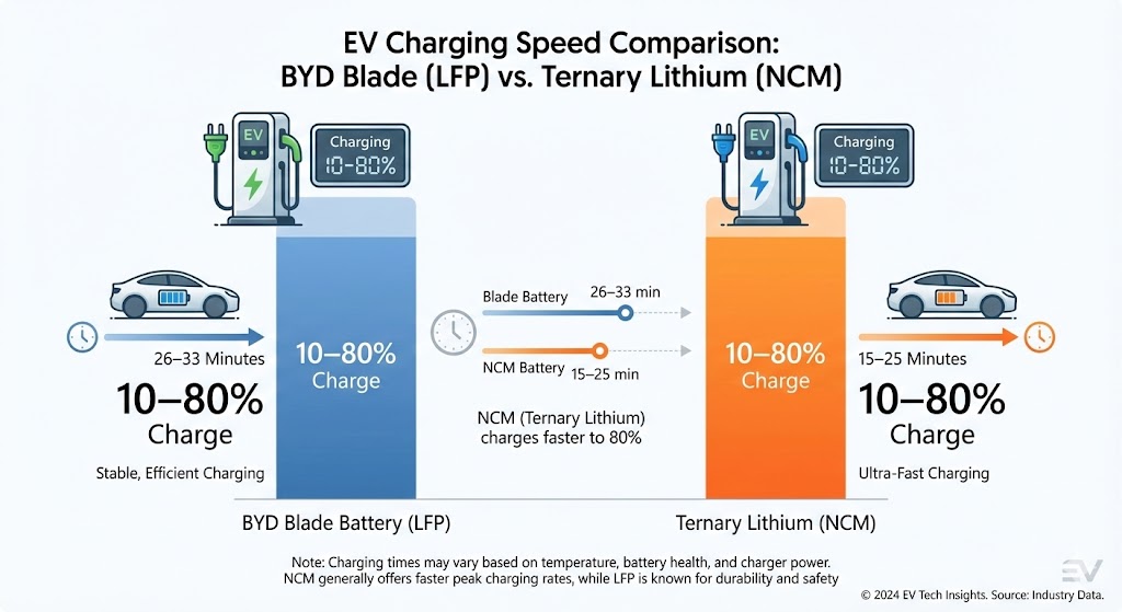Infographic comparing EV charging speed: BYD Blade Battery (LFP) 10-80% in 26-33 min (stable). NCM Battery 10-80% in 15-25 min (ultra-fast).