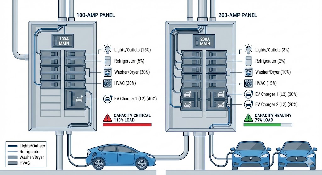 Technical illustration comparing 100-amp vs 200-amp electrical panels. Shows load capacity usage with household appliances and Level 2 EV chargers. 100A panel indicates overload; 200A panel safely supports dual EV charging.