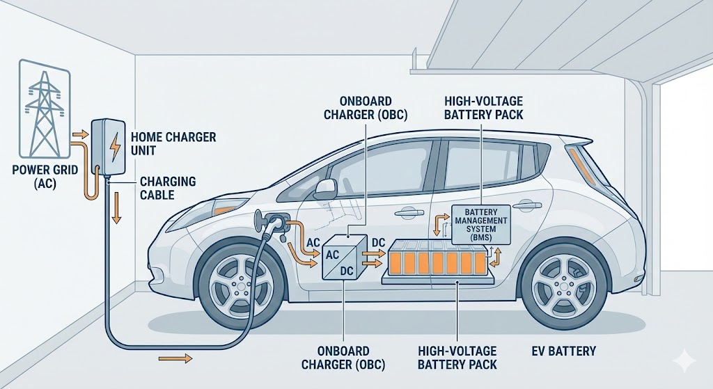 Diagram illustrating home EV wallbox AC charging process: power grid to charger, then through OBC to the EV battery.