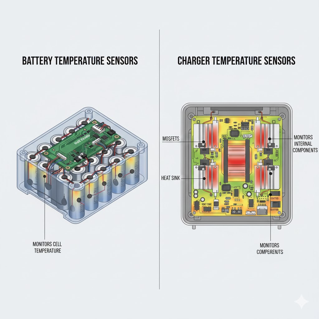 Internal EV charger temperature sensor diagram showing MOSFETs and heat sinks, enhancing safe fast charging reliability for home use.