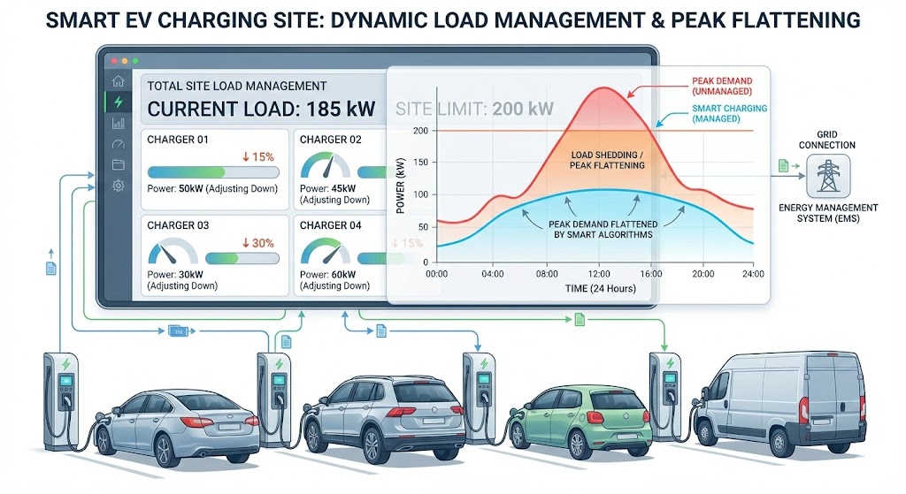 Smart EV charging site with dynamic load management, balancing 185kW power load across multiple pedestal chargers to prevent grid peaks.