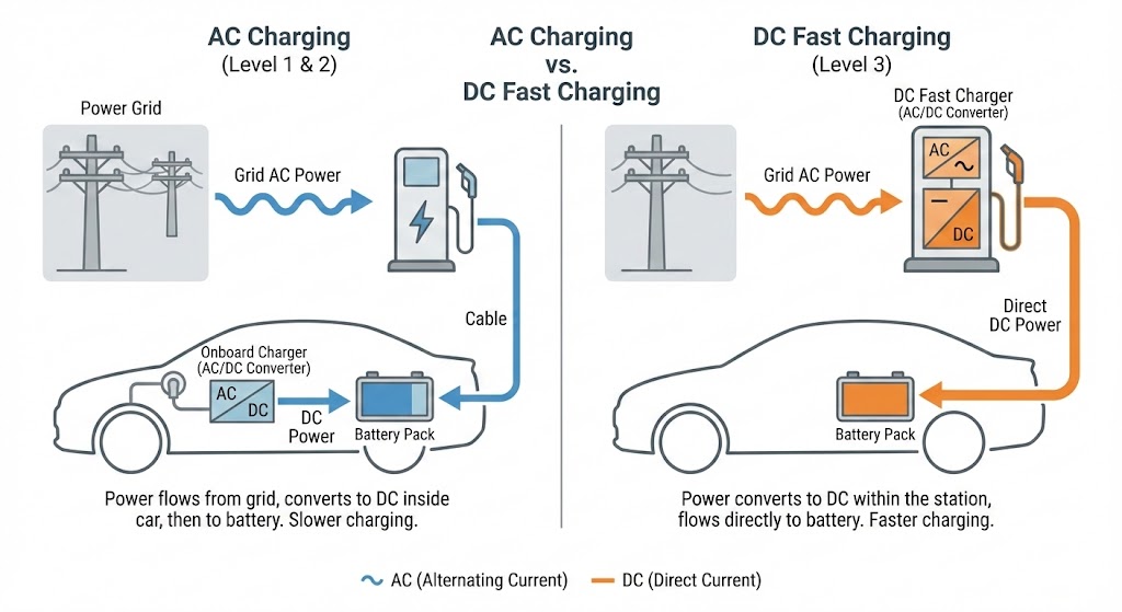 Comparison of AC Level 2 home charging and DC Fast Charging for rapid, efficient power during long electric vehicle trips.