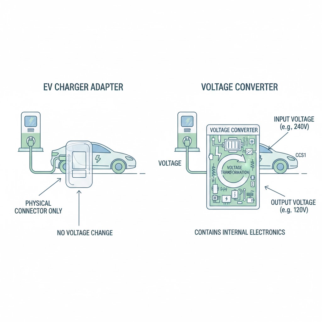 Comparison of EV charger adapter and voltage converter showing physical CCS1 connectors and internal electronics for safe power transformation.
