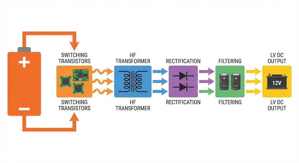 Efficient EV power converter diagram illustrating reliable 12V DC output for safe, high-performance, and durable electric vehicle charging solutions.