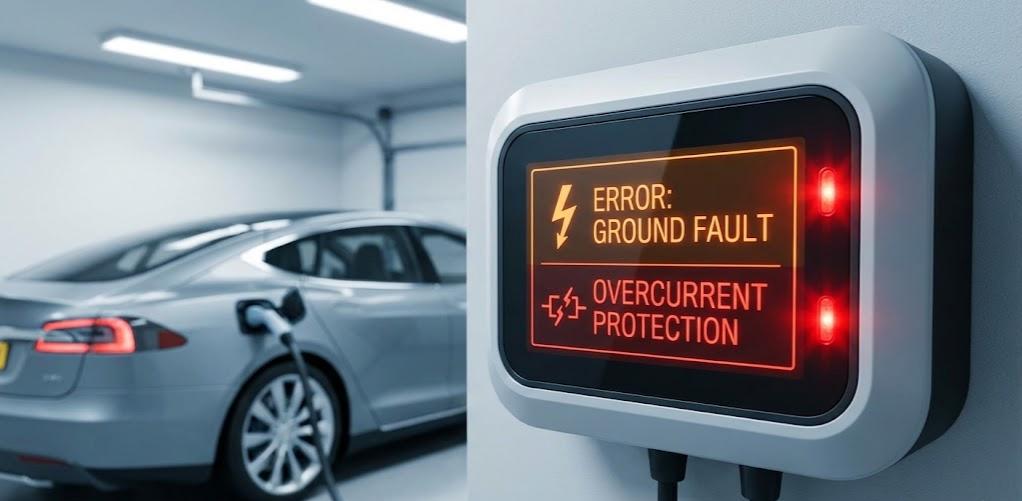 Smart wall-mounted EV charger with LED diagnostic icons showing power, service, and error status for reliable home charging.