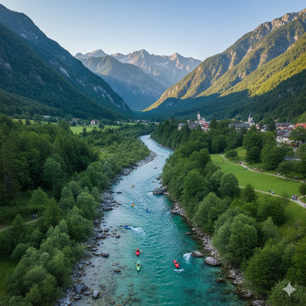 A breathtaking alpine landscape of Soča Valley, Slovenia, with a turquoise river winding through lush green mountains, small charming towns in the distance, kayakers on the river, hikers on trails, clear sky with soft sunlight, vibrant natural colors, realistic photography
