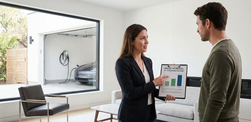  Wall-mounted level 2 home EV charger with long cable increasing property value through reliable, fast-charging residential electric vehicle infrastructure.