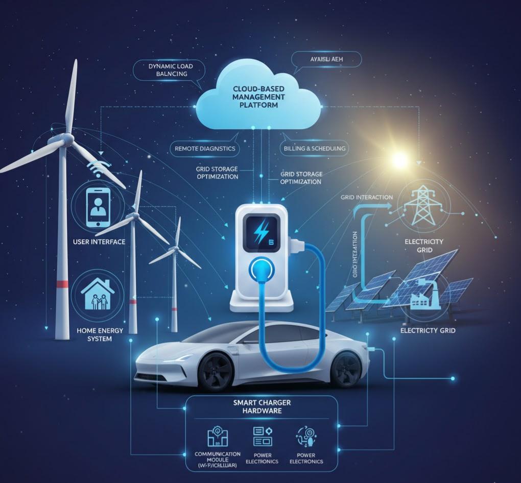 Conceptual art showing EV charging powered by wind and solar energy with glowing energy flow lines.