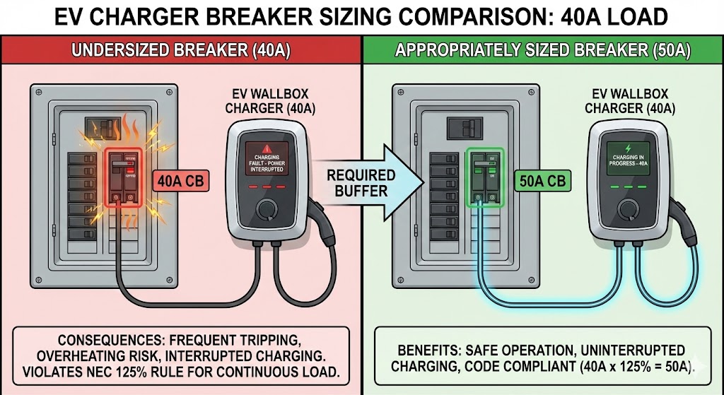 Side-by-side of undersized 40A vs. correct 50A breaker for safe 40A EV wallbox charging.