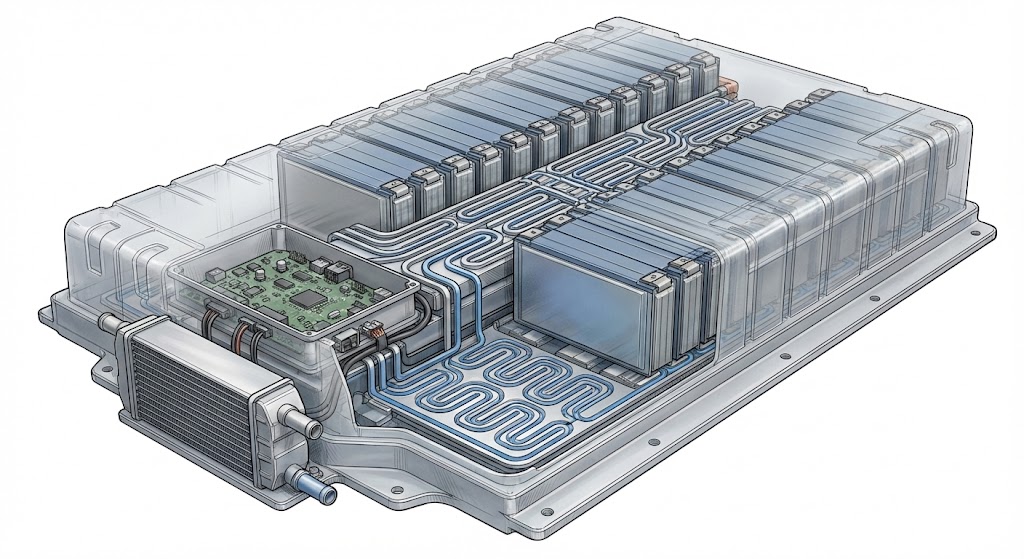 Technical cutaway illustration of an EV battery pack showing blue liquid cooling pipes, cells, and circuit board inside transparent casing.