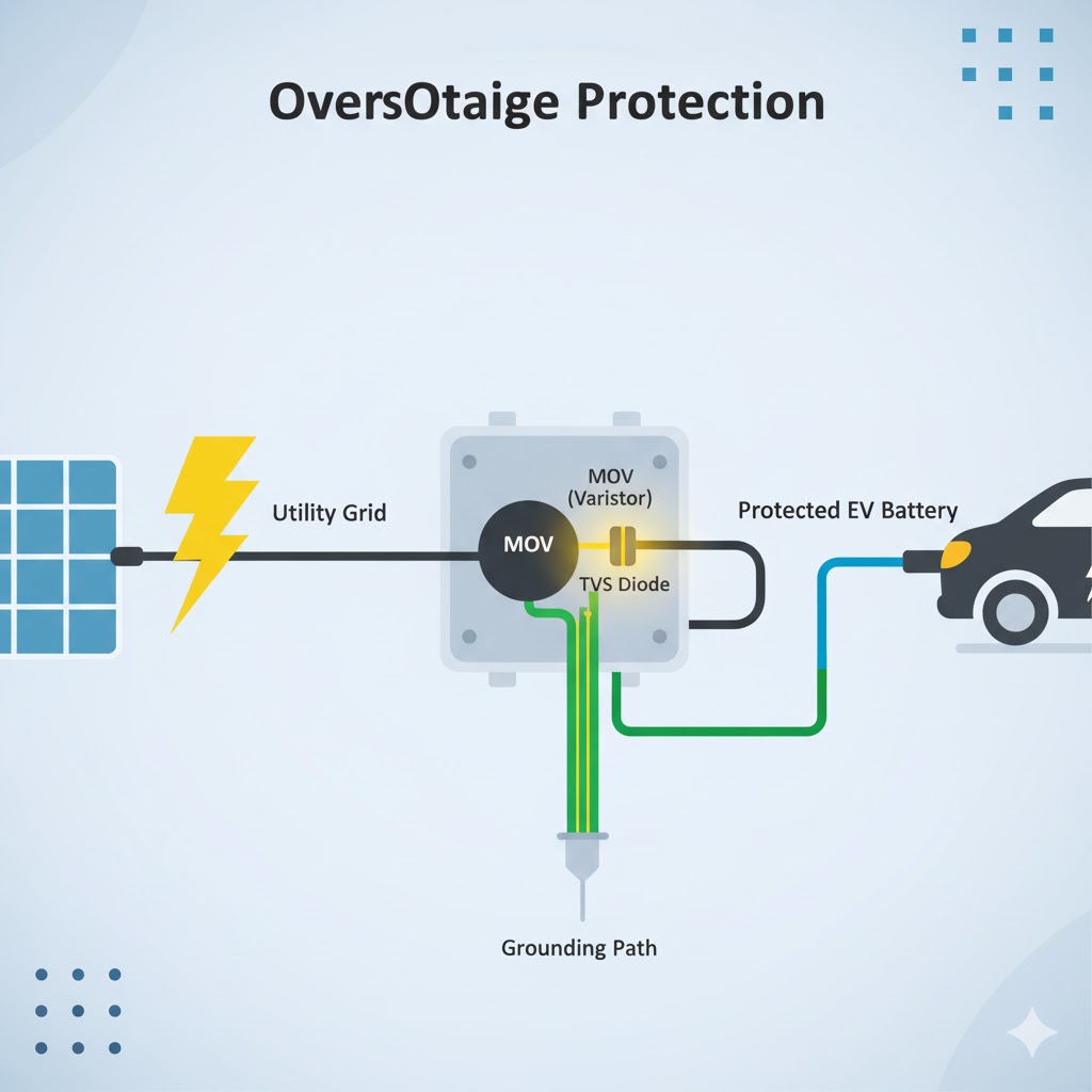 ChatGPT 说：  EV charger overvoltage protection diagram showing MOV varistor and TVS diode safely grounding voltage surges.