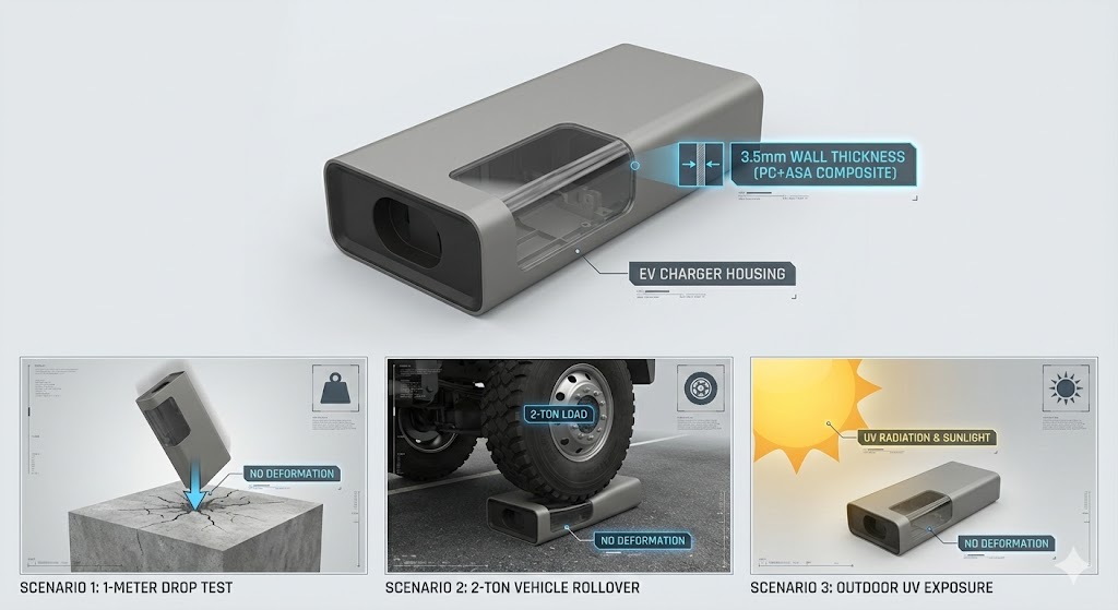 PC+ASA EV charger housing diagram showing durability in drop, rollover, and UV exposure tests.