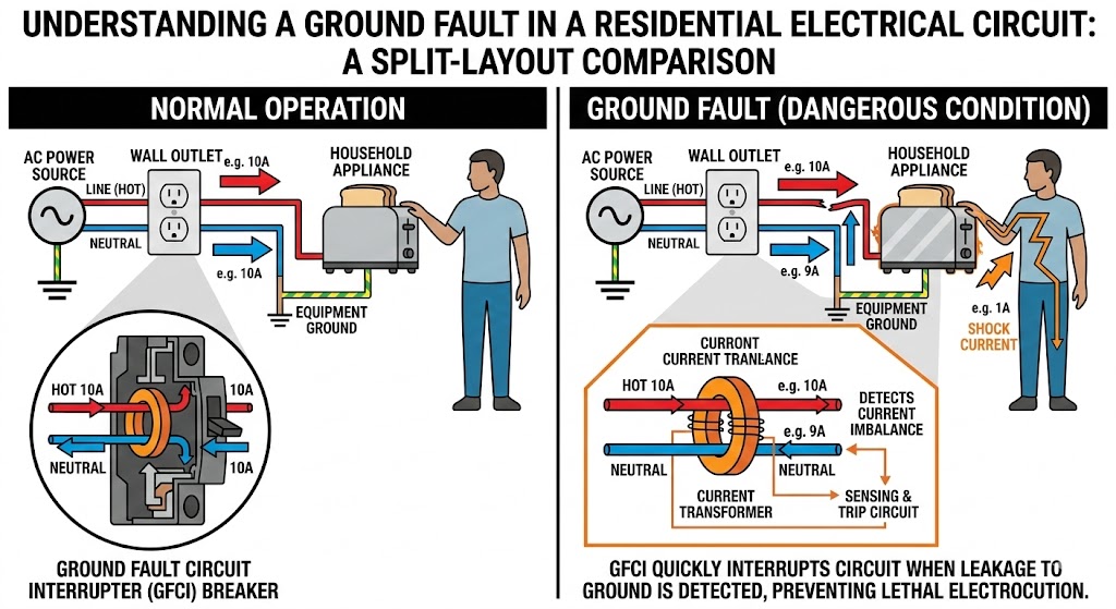 Technical split-layout diagram comparing normal circuit flow vs. a ground fault, showing GFCI detection and protection.