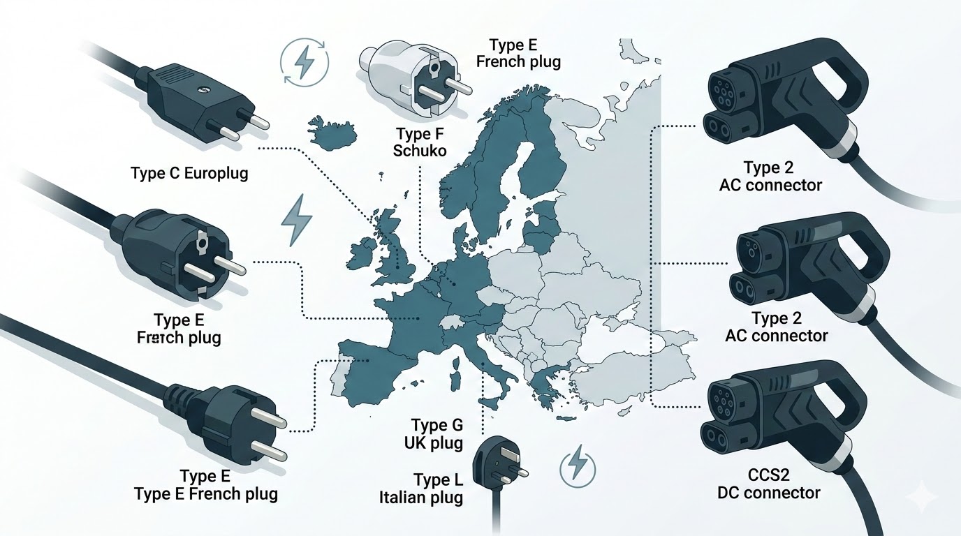 Editorial infographic of Europe surrounded by various power plugs (Type C, E, F, G, L) and EV connectors (Type 2, CCS2) in a clean, modern flat design.