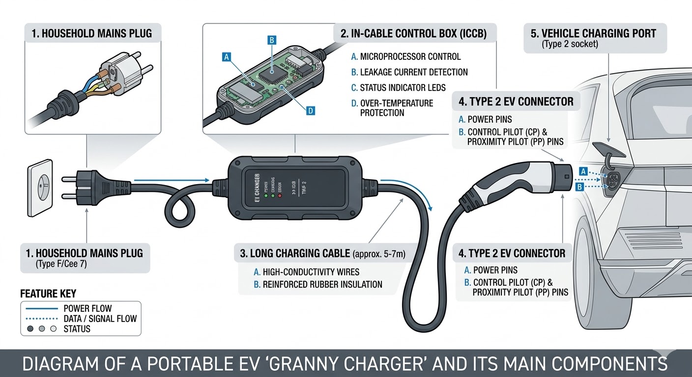 Diagram of a portable EV granny charger showing the household plug, ICCB, cable, and Type 2 connector.