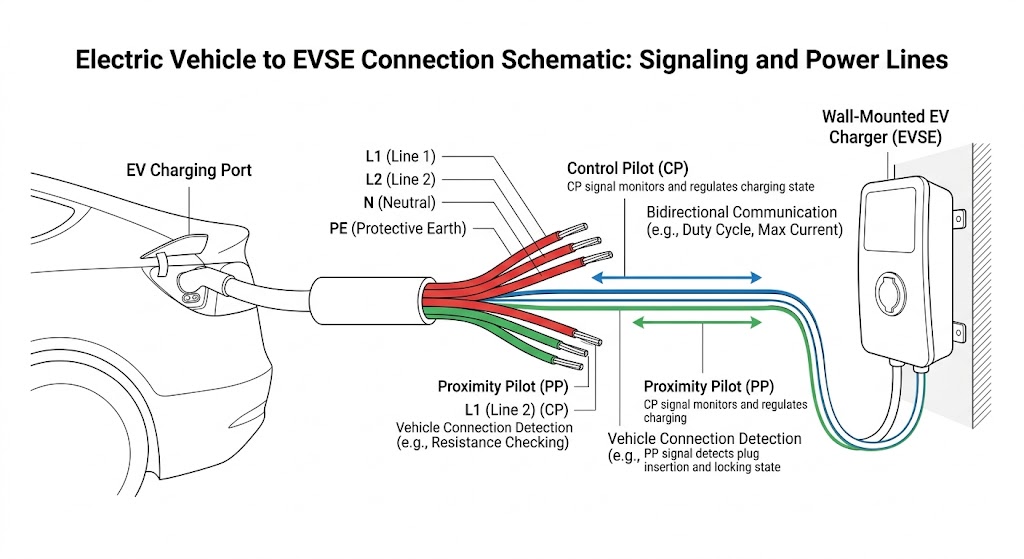 Diagram of EV Proximity Pilot (PP) mechanism and resistance current coding for Type 2 connectors.