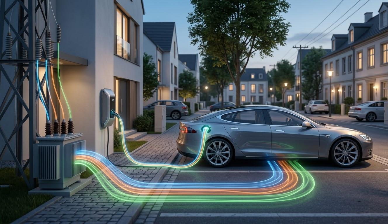 Cinematic view of an EV charging with three-phase energy streams on a modern European street.