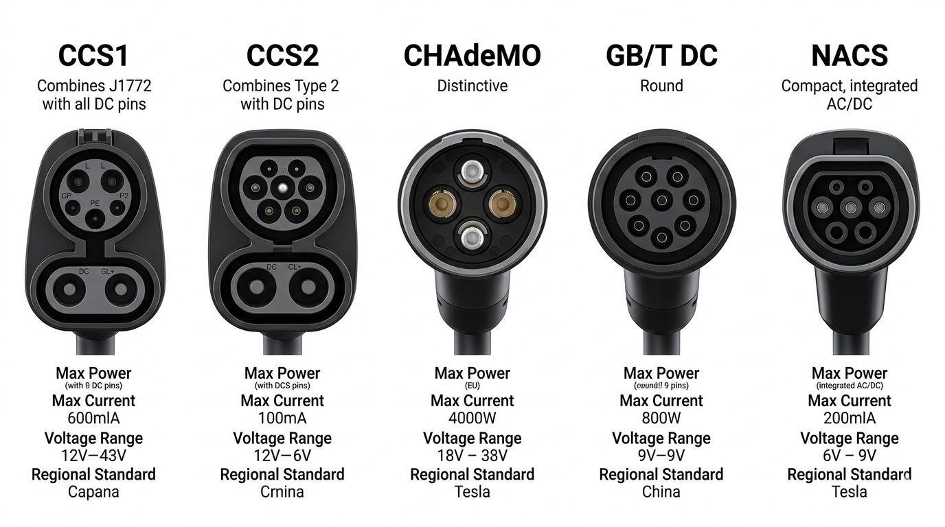 : Visual guide to global EV charging plug types: CCS1, CCS2, CHAdeMO, GB/T DC, and NACS standards.