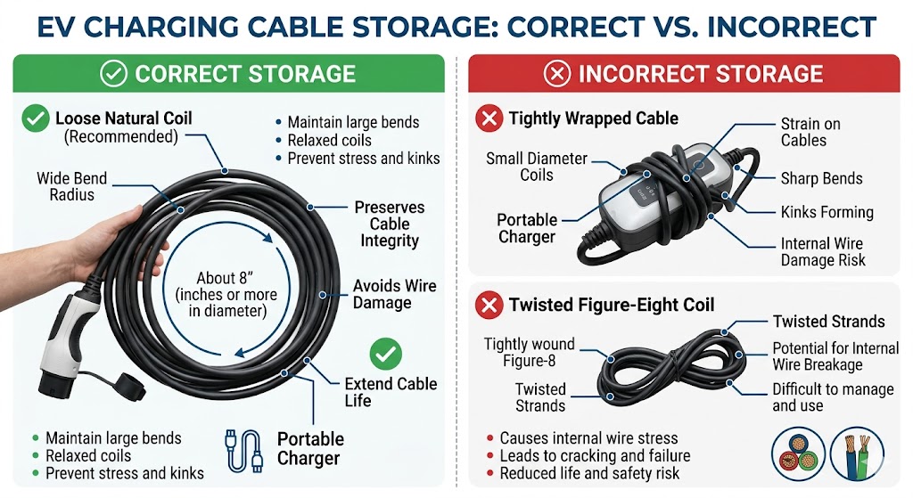 Infographic showing correct loose natural coil vs incorrect tight wrap for EV charging cable care.