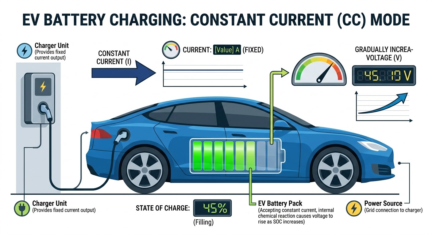 Diagram of an EV in Constant Current mode, with fixed current and gradually increasing voltage.