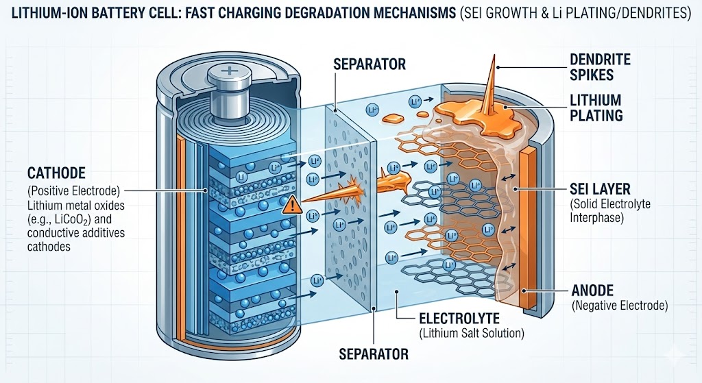 Infographic chart visualizing the EV battery degradation bathtub curve, plotting State of Health (SOH) versus time with a stable plateau phase and accelerated aging in later years.