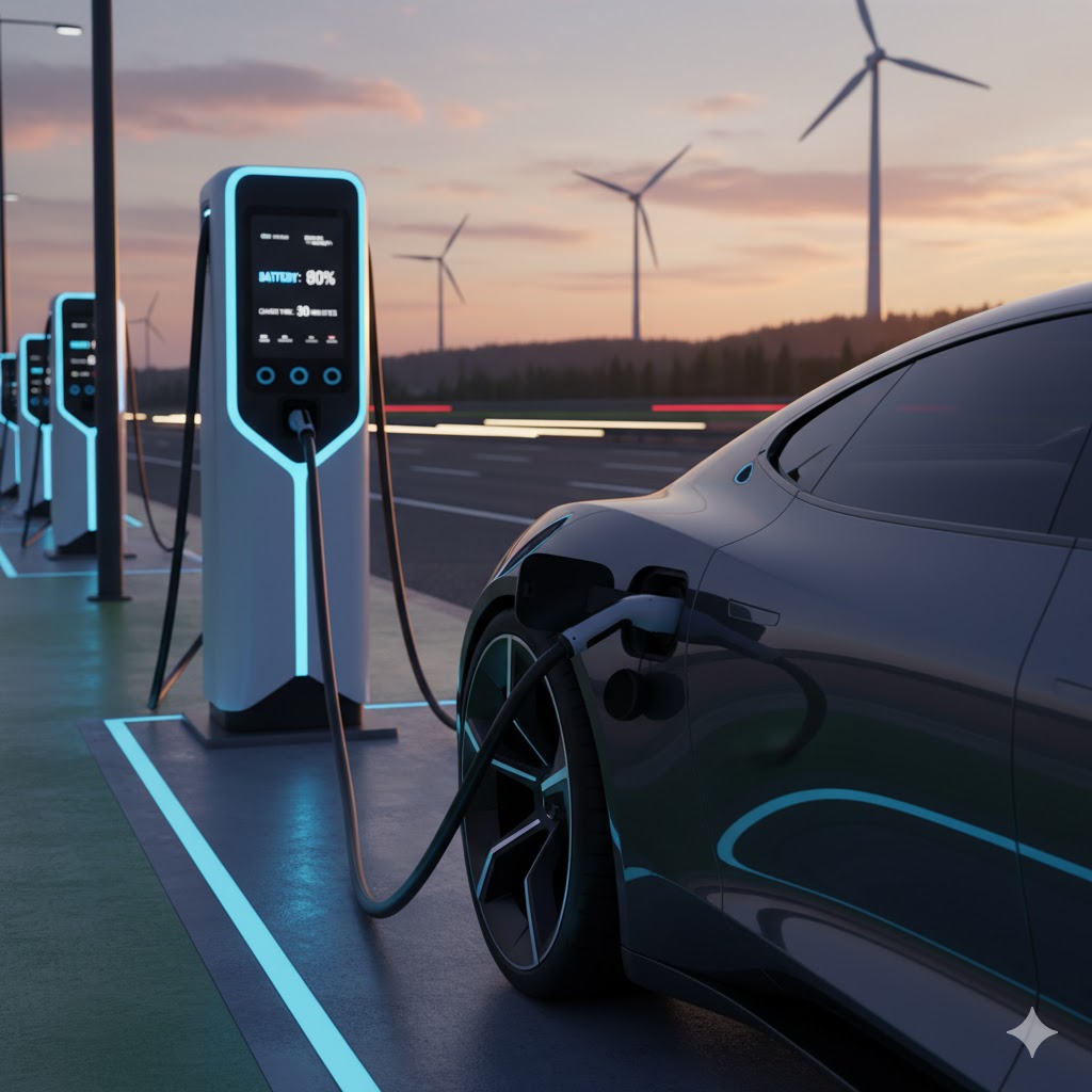 An electric car charging at a modern fast-charging station at sunset, with wind turbines in the background symbolizing clean renewable energy and sustainable transportation.