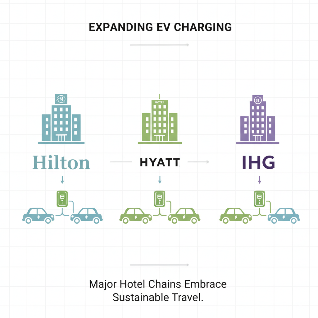 A clean infographic-style illustration showing three hotels (Hilton, Hyatt, IHG) with small recharge pour VE icons in front of each building. Each hotel has a few electric cars plugged in. The style is simple, modern, and visually clear, emphasizing the expansion of EV charging across major hotel chains.