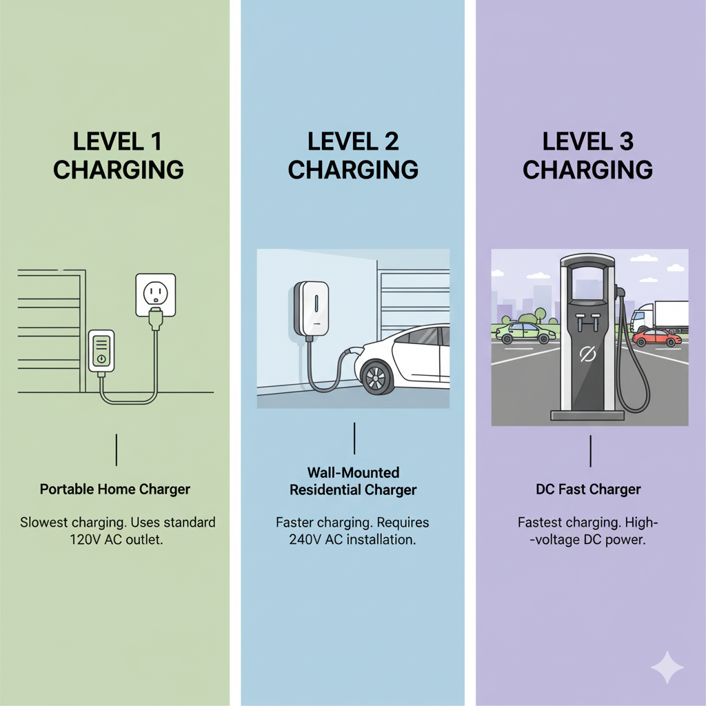 An illustration of electric vehicle charging types: Level 1, Level 2, and Level 3, detailing home and public charging stations.