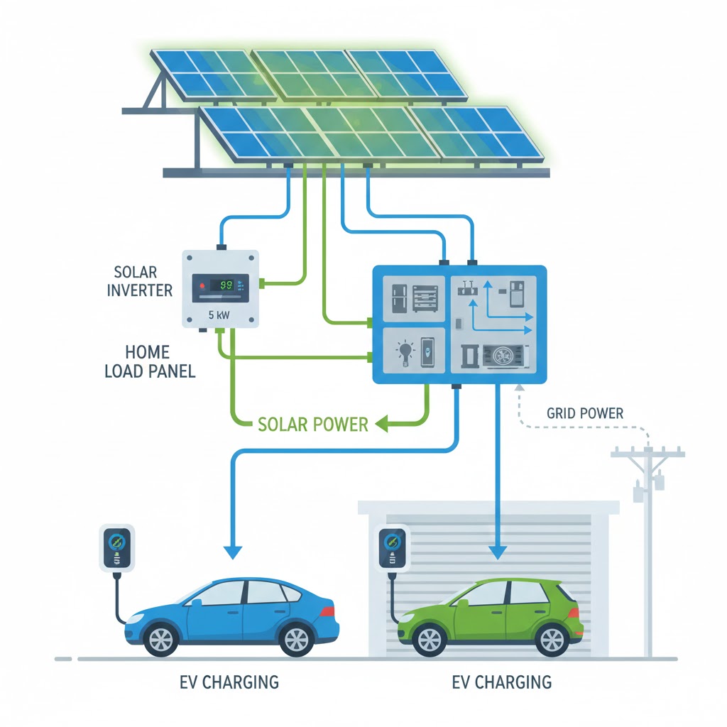 Flat-vector infographic diagramming a residential solar energy system. Flow arrows illustrate renewable power moving from rooftop solar panels through an inverter to the home electrical panel and into two connected electric vehicles.