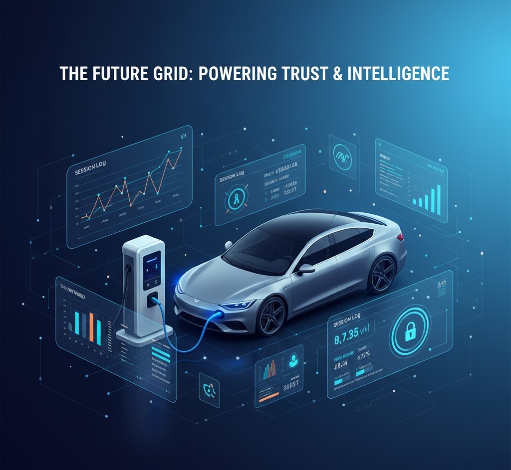 Smart 7kW pedestal EV charger with digital display offering secure, fast charging and real-time data monitoring for intelligent energy management.