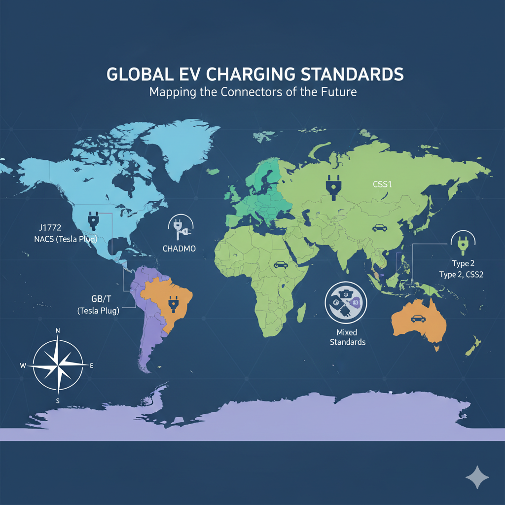 World map infographic of global EV charging standards showing regional connectors: J1772 and NACS in North America, Type 2 and CCS2 in Europe, GB/T in China, CHAdeMO in Japan, CCS1 in Korea, and mixed standards in Africa and other regions.