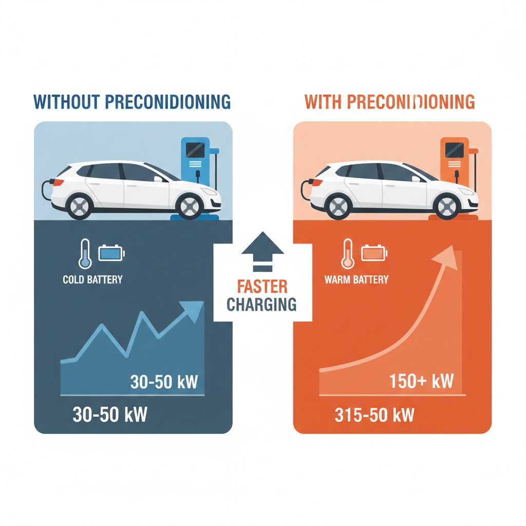 Comparison illustration showing electric vehicle charging performance without and with battery preconditioning: a cold battery without preconditioning charges slowly at 30&ndash;50 kW, while a warm battery with preconditioning enables faster charging speeds of 150 kW or more.