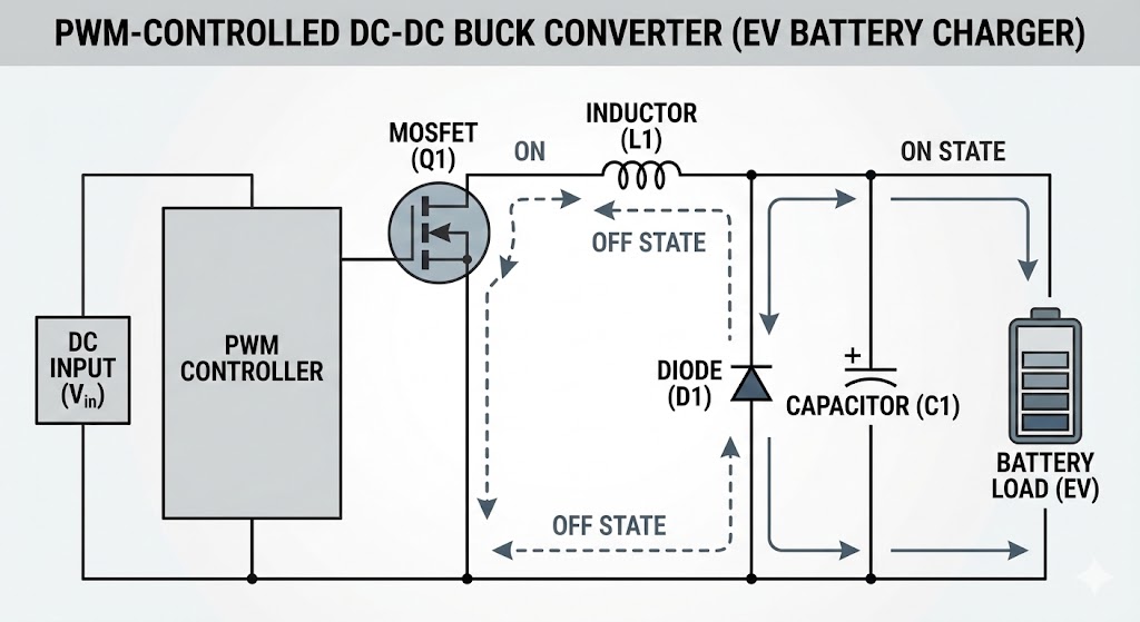 Efficient PWM-controlled DC-DC buck converter circuit for EV battery chargers, delivering reliable, high-performance power management for safe vehicle charging.