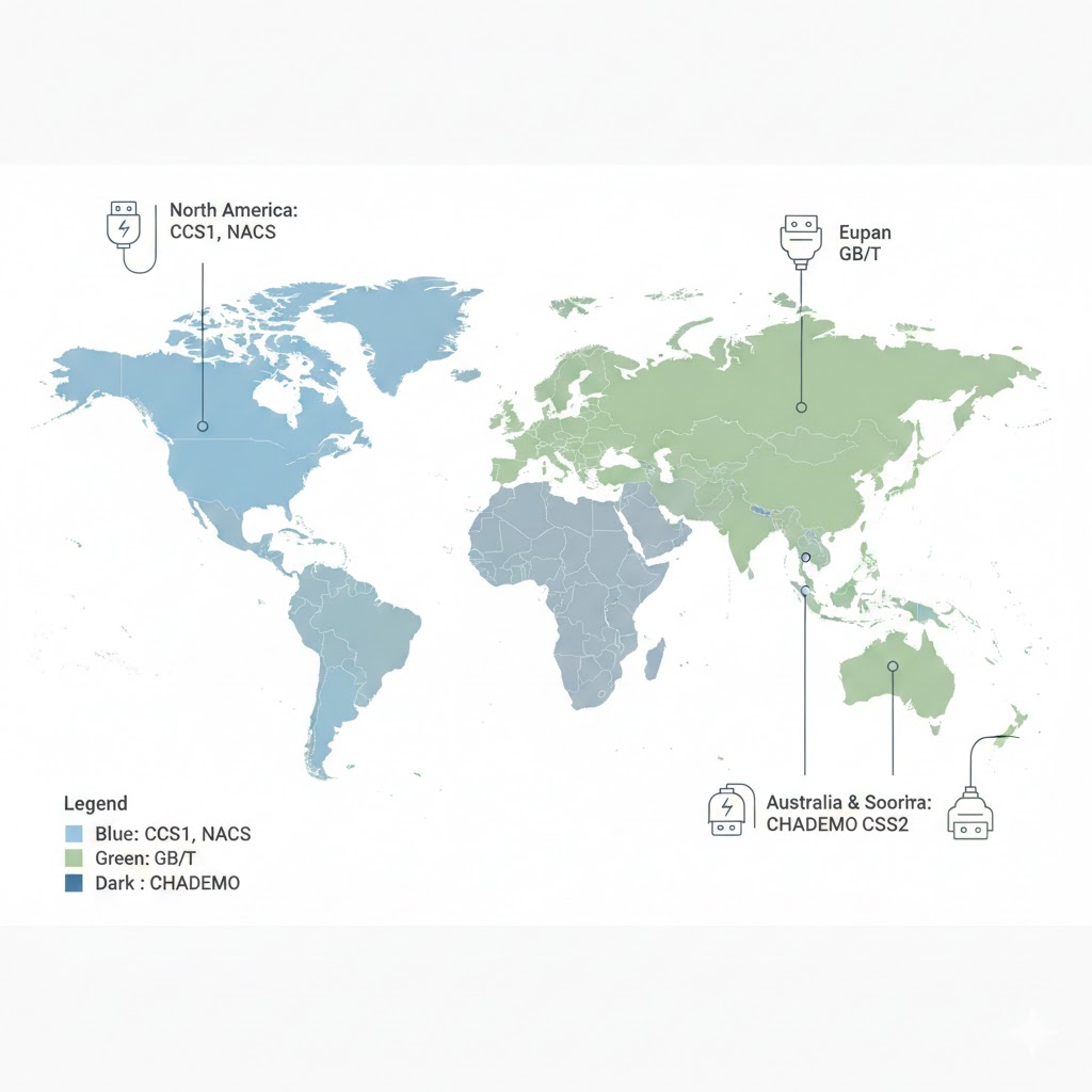 Global EV charging map showing CCS1, NACS, GB/T, and CHADEMO standards for reliable international travel and vehicle compatibility.