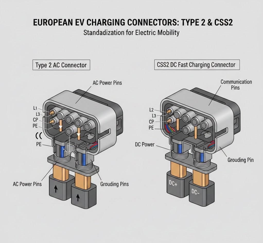 Detailed diagram of European Type 2 AC and CCS2 DC fast charging connectors showing pin configurations for reliable EV charging.