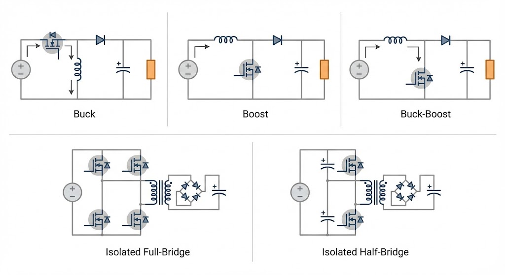 EV DC/DC converter block diagram showing high-frequency transformer and rectification for stable 12V output and reliable power management.