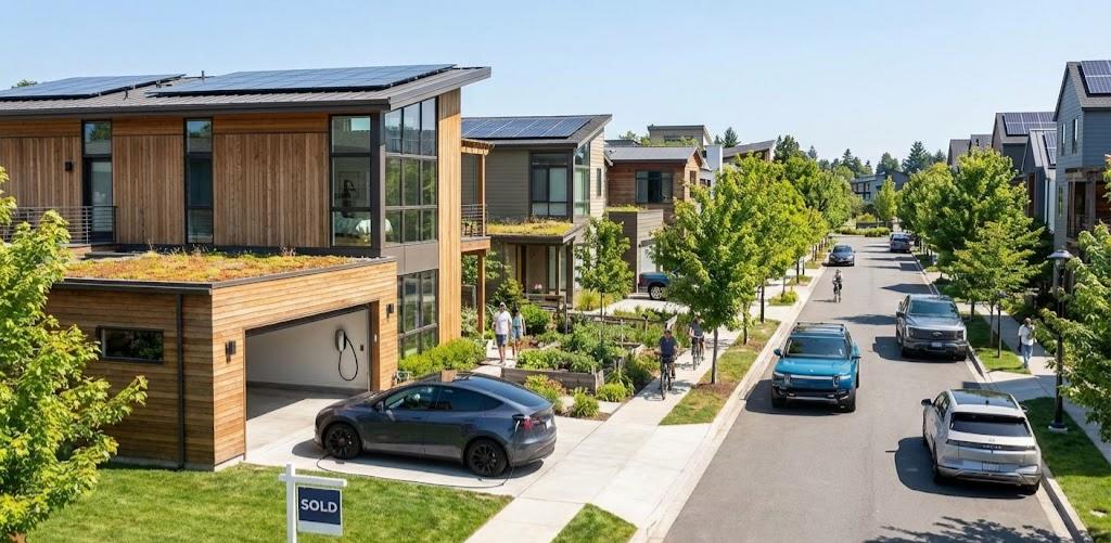 Sleek wallbox EV home charger powering a Tesla, offering reliable fast-charging for sustainable, modern eco-friendly neighborhood living.
