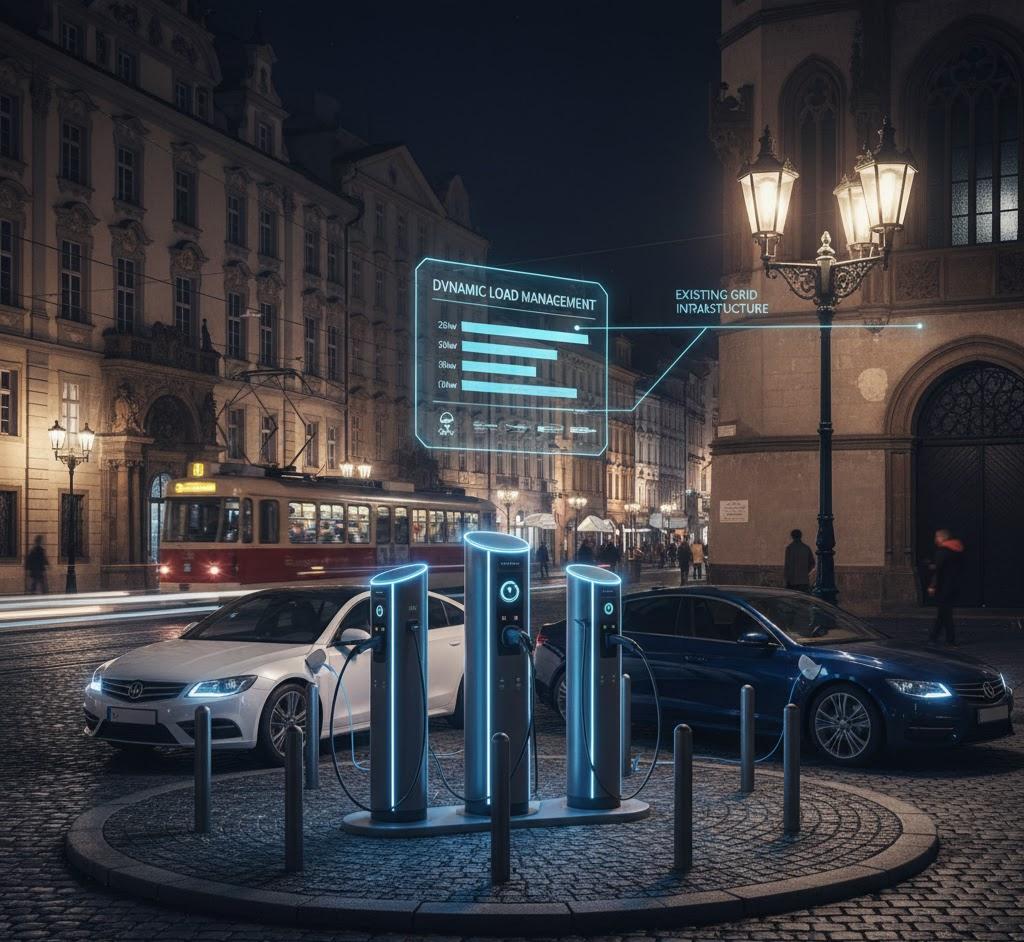 Modern EV chargers in a historic European city with a HUD displaying dynamic load management data.