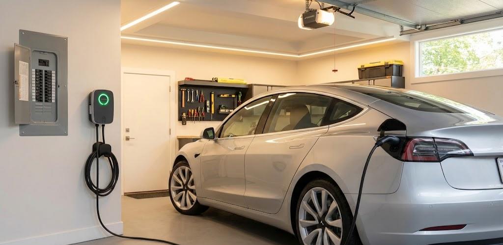 Modern garage with EV wallbox charger, organized electrical panel, and electric car charging.