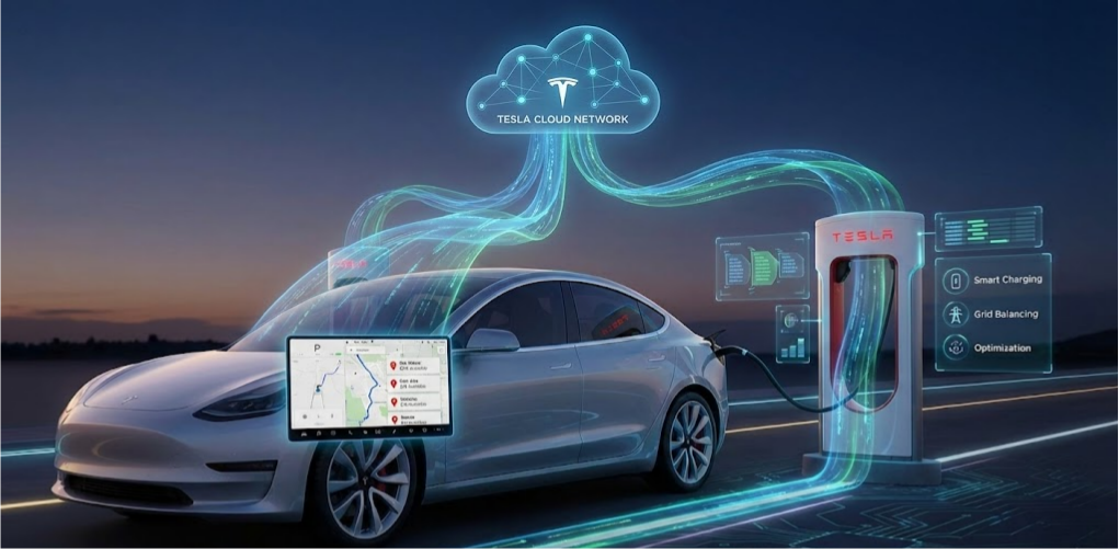 Tesla car charging with glowing data streams representing cloud-connected smart management.