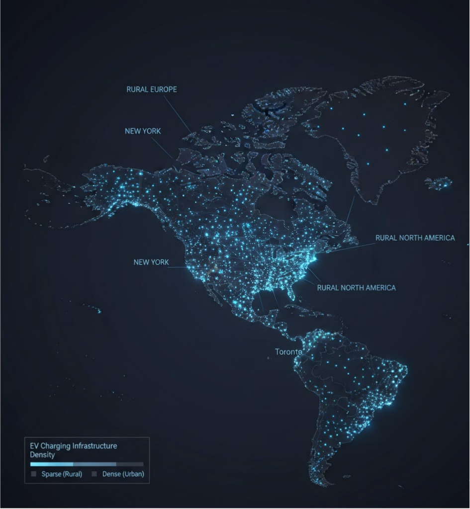 Map showing the stark contrast in EV charging density between urban and rural regions.