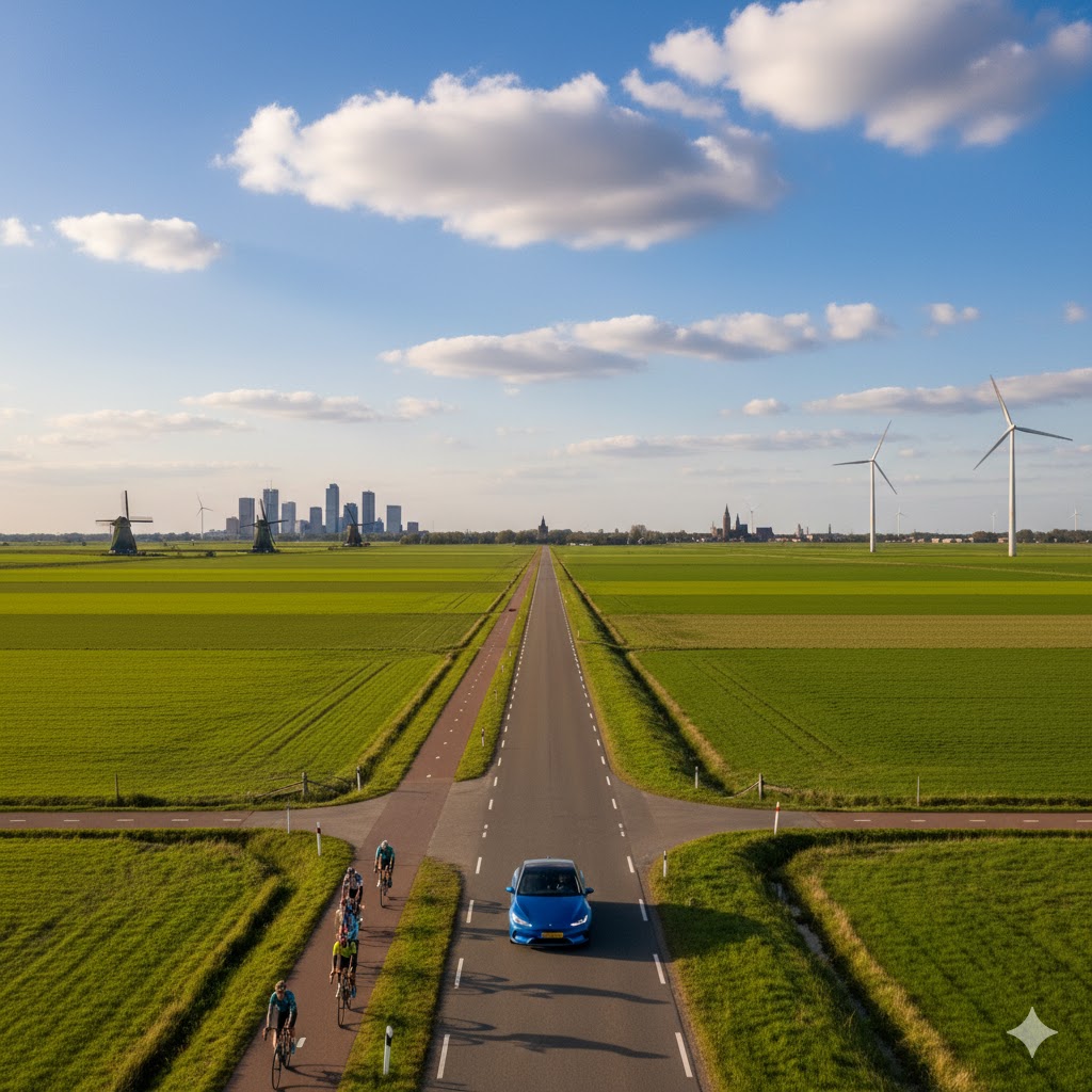 A scenic drive through the Netherlands from Rotterdam to Groningen, showing flat roads, iconic windmills, green fields, cyclists on the road, modern city skyline in the background, blue sky with scattered clouds, an electric vehicle on the road, natural lighting, realistic photography style