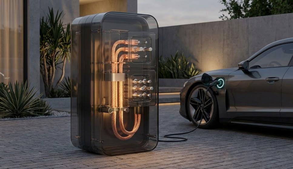 Premium EV charger with transparent housing showing silver-plated pins and high-purity copper internals.