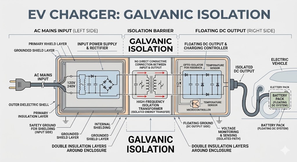 Engineering infographic of an EV charger showing galvanic isolation between AC input and floating DC output for safety.