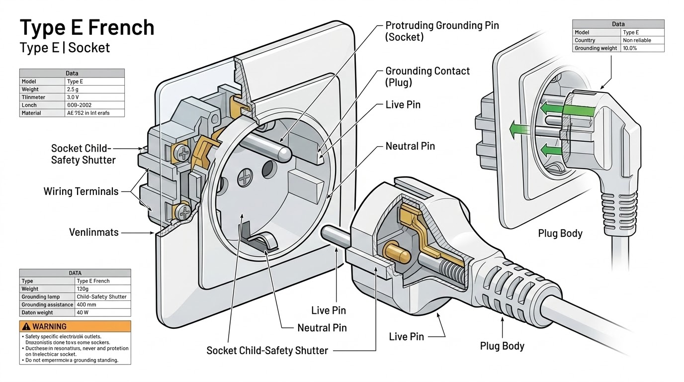 Cutaway engineering illustration of a Type E French socket and plug, highlighting the protruding grounding pin, safety shutters, and internal wiring.