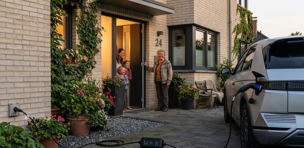 Diagram of a portable EV granny charger showing the household plug, ICCB, cable, and Type 2 connector.