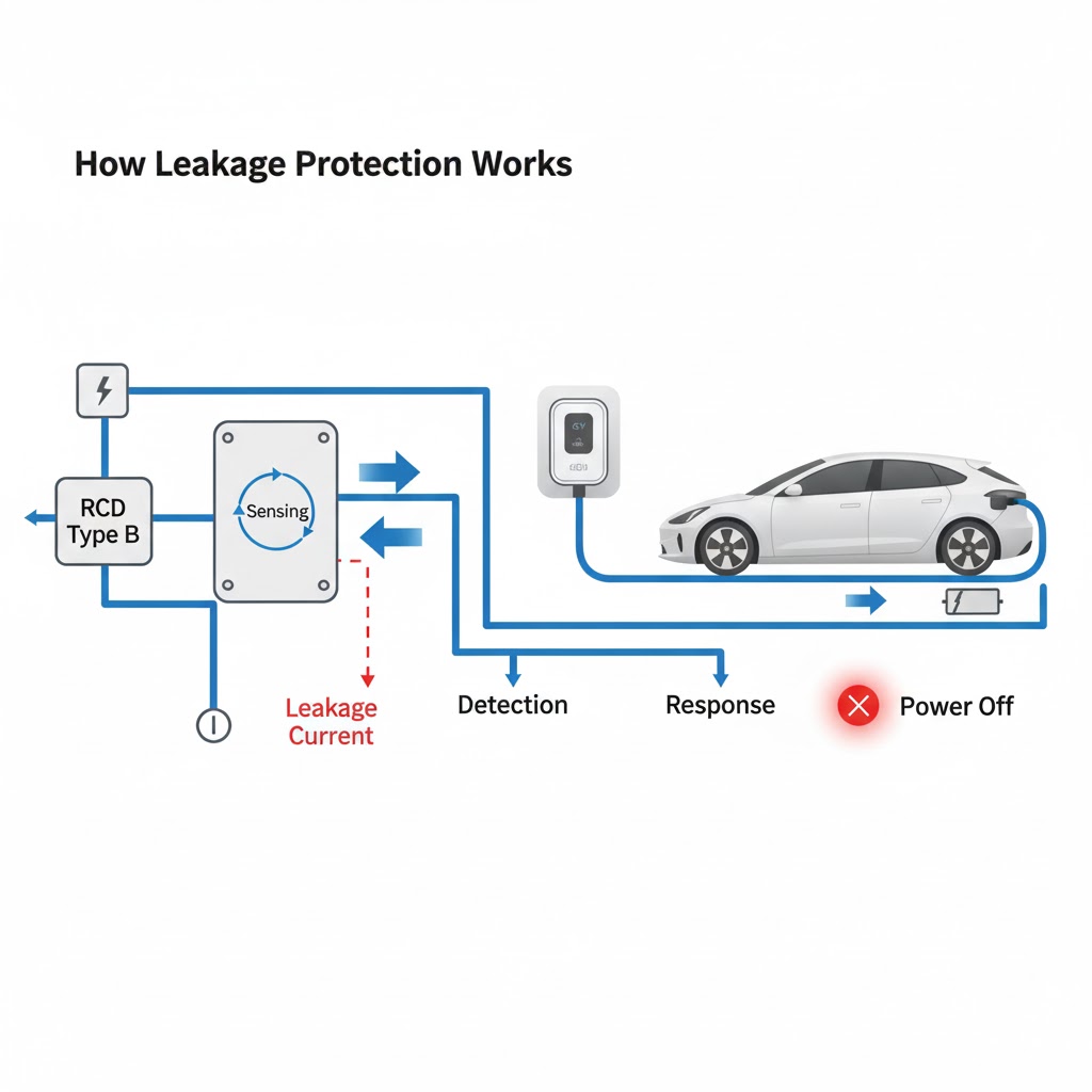 Diagram illustrating EV charging leakage protection, showing RCD Type B quickly shutting off power to the electric vehicle.