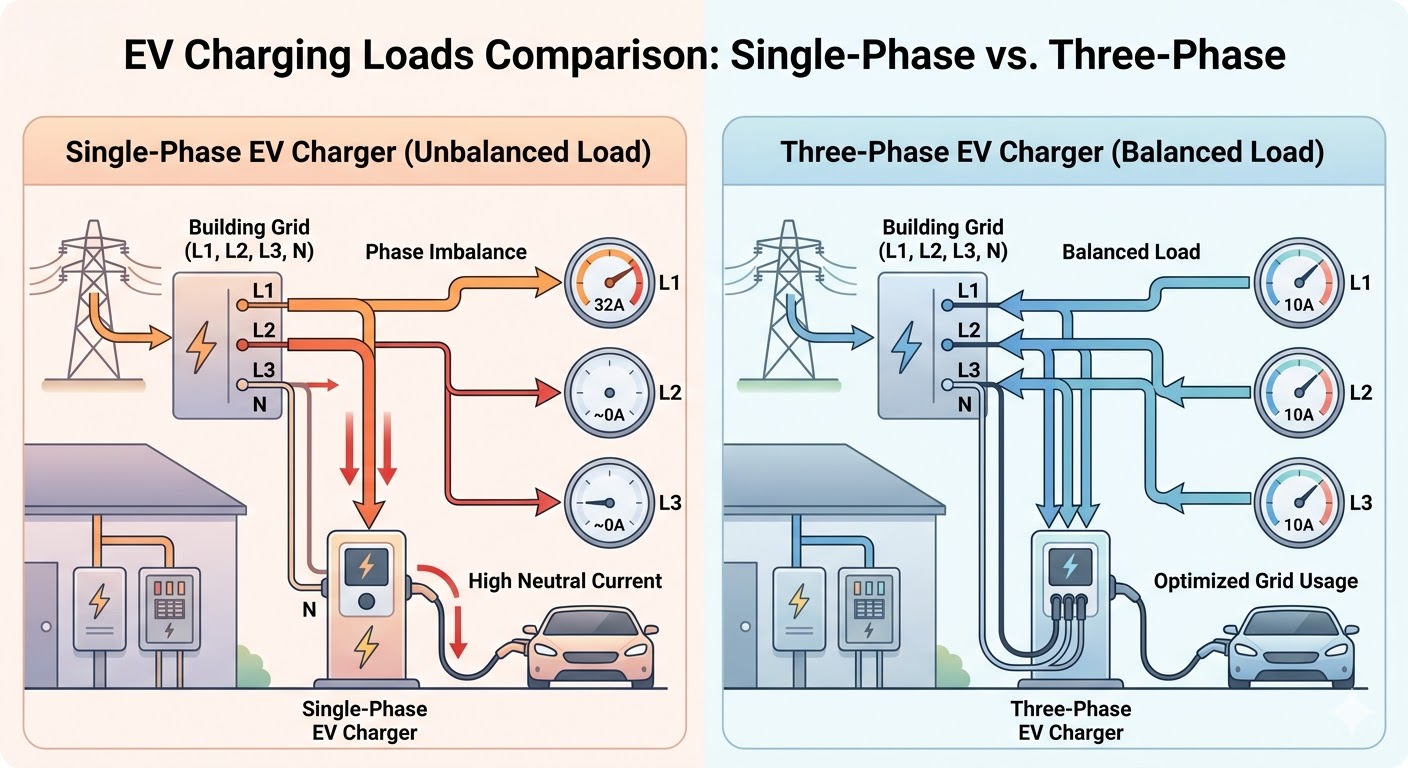 Comparison diagram: unbalanced single-phase vs. balanced three-phase EV charging loads. (89 characters)