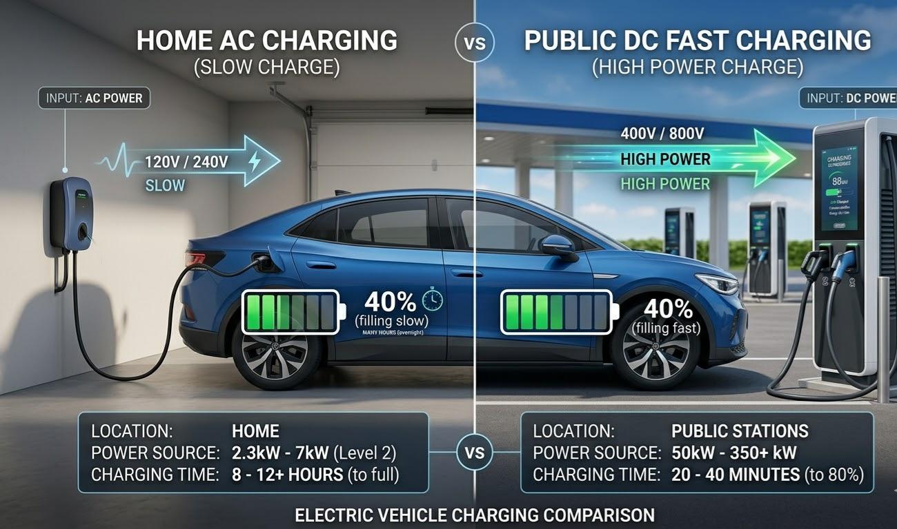 Comparison of slow home AC charging versus high-power public DC fast charging for electric cars.